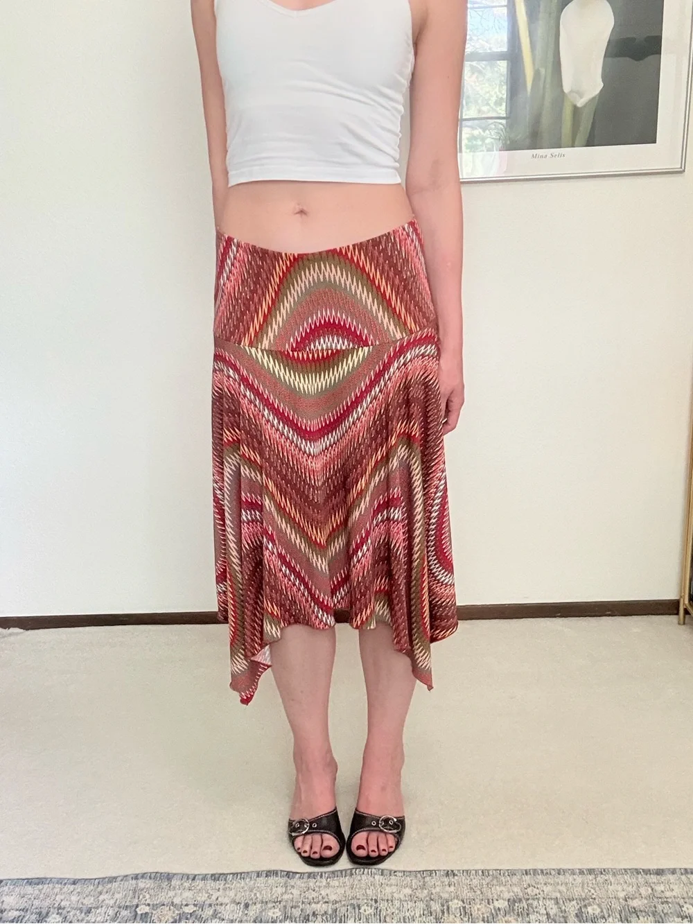 Y2K Low Rise Drop Waist Asymmetrical Hem Patterned Midi Skirt Fairy Boho
